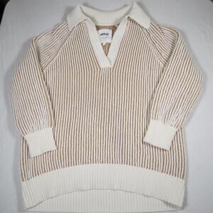 Aerie Sugar Rush Chenille Knit V Neck Collar Pullover Sweater Cream Brown Size S